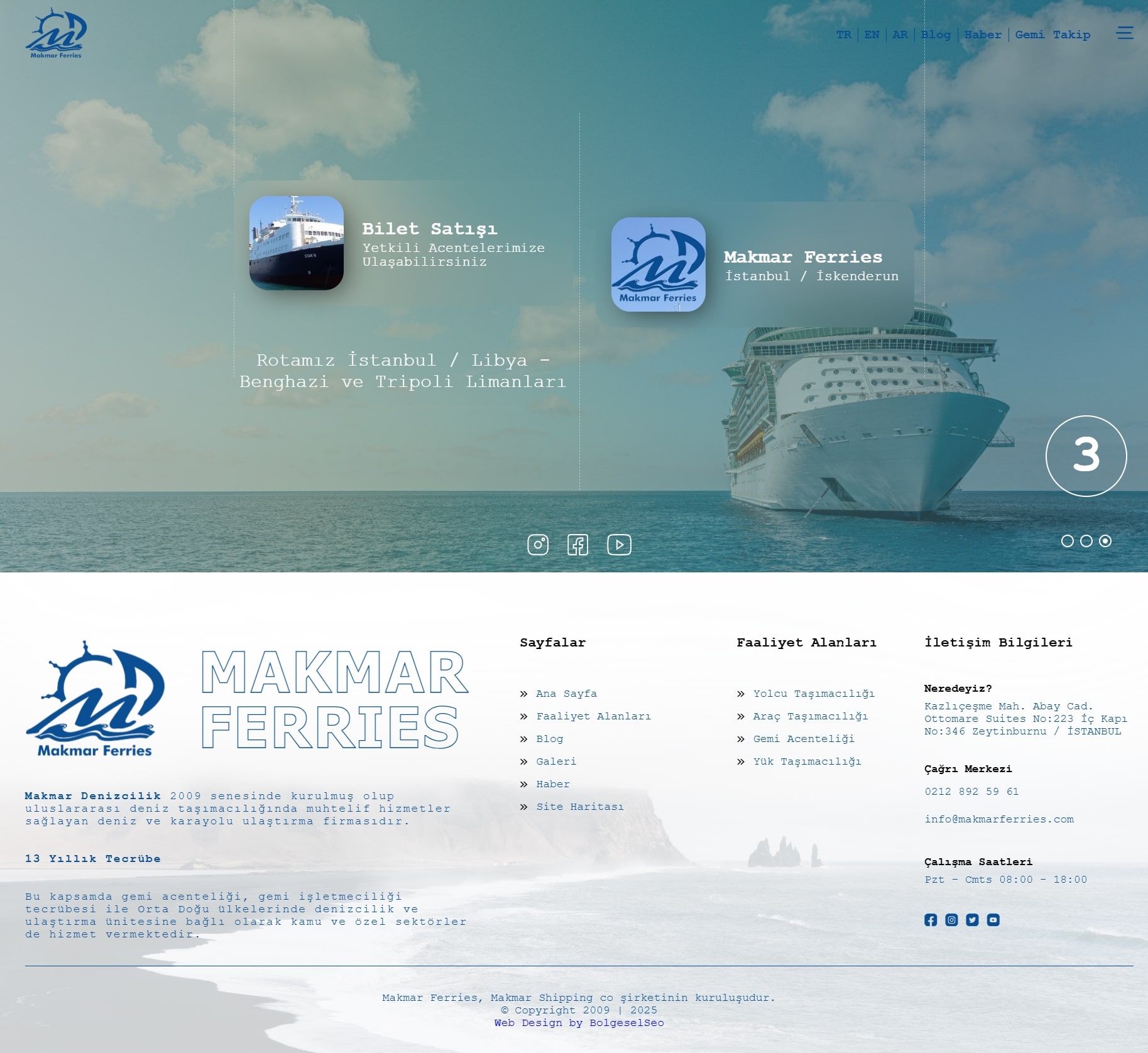 Makmar Ferries için geliştirilen kurumsal web sitesi, deniz taşımacılığı ve feribot hizmetleri hakkında detaylı içerik sağlıyor.